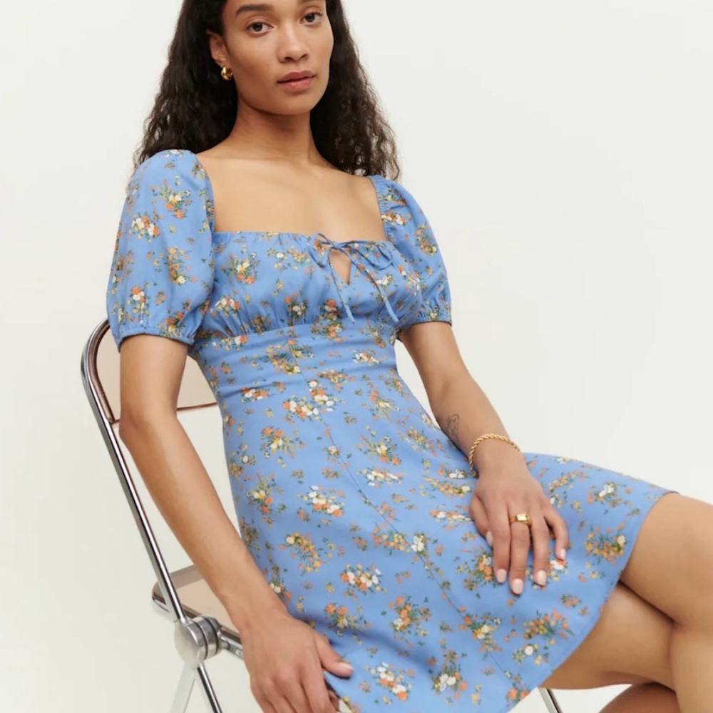 Reformation Corbin Floral Blue Puff Sleeve Dress